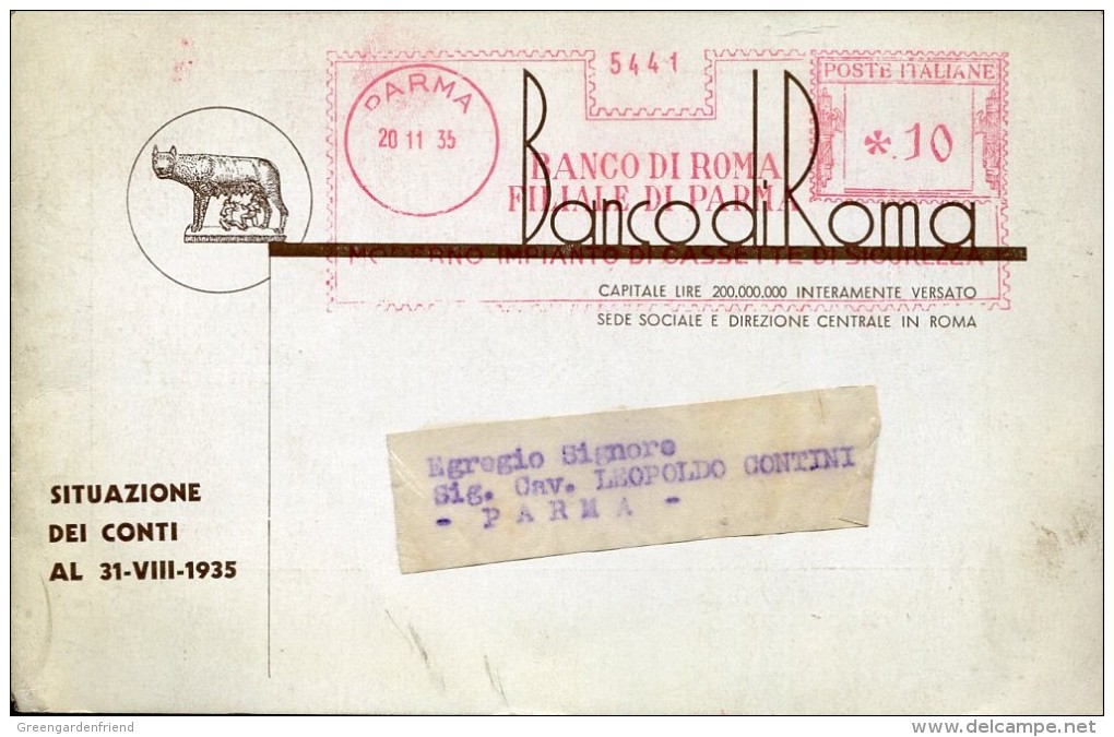 12887 ITALIA,  Red Meter Freistempel EMA, Affrancatrice Rossa, 1935 PARMA  Banco Di Roma Filiale , Circuled Card - Macchine Per Obliterare (EMA)