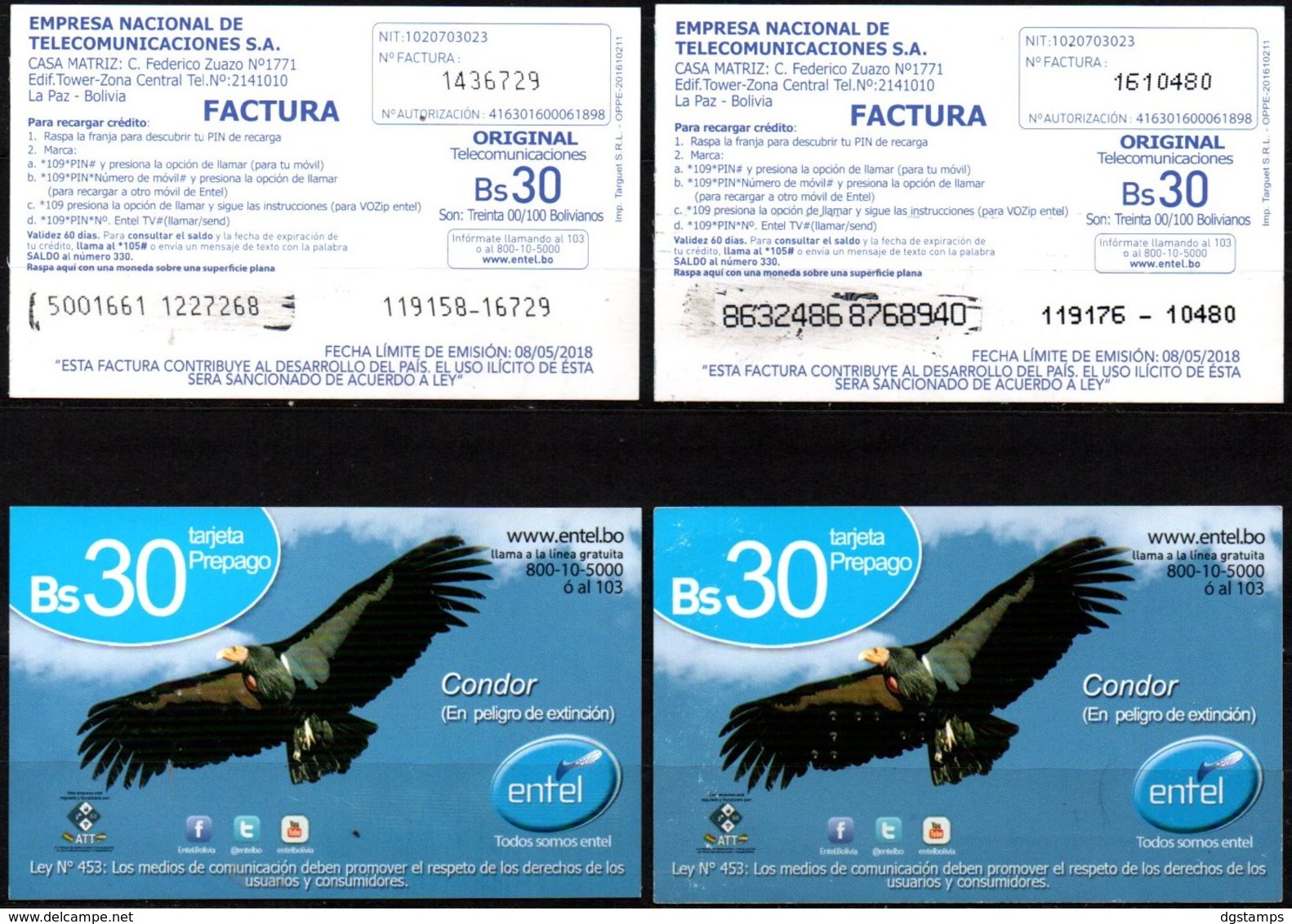 Bolivia 2016/08-05-2018 Tarjeta Telefonica PREPAGO ENTEL. CONDOR. Dos Impresiones De Imp. Targuet S.R.L. - Aigles & Rapaces Diurnes