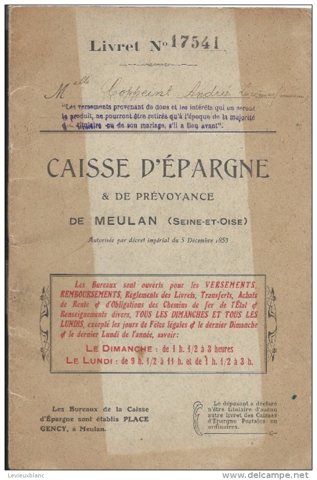 Livret De Caisse D´Epargne & De Prévoyance/ MEULAN/Seine & Oise/Andrée Coppeint/1914   BA38 - Banco & Caja De Ahorros