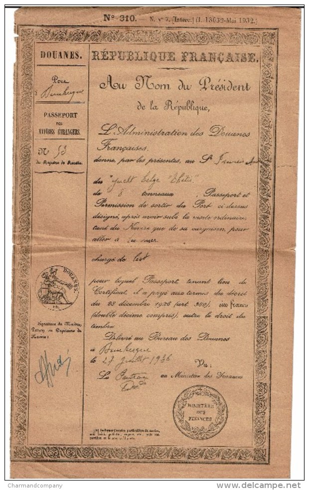 10 Documents C1935 Yacht Belge THETIS, Douanes, Droits De Navigation, Halage Calais, Dover Harbour, Navigation De Nuit.. - Autres & Non Classés