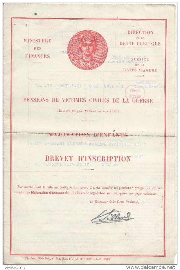 Ministére Des Finances/ Pensions De Victimes Civiles De La Guerre/Majoration D'Enfants/Brevet D'inscription/1954   BA39 - Dokumente