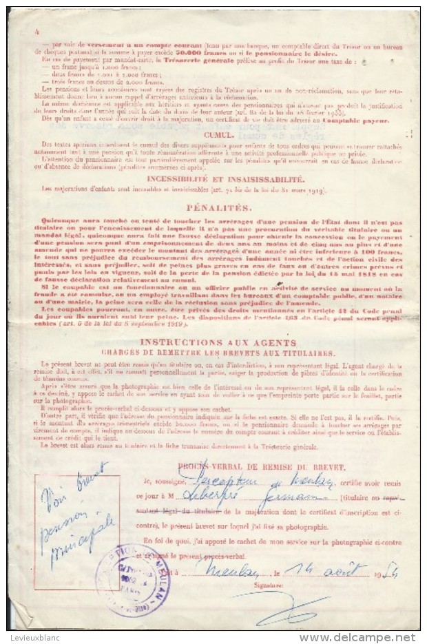 Ministére Des Finances/ Pensions De Victimes Civiles De La Guerre/Majoration D'Enfants/Brevet D'inscription/1954   BA39 - Dokumente