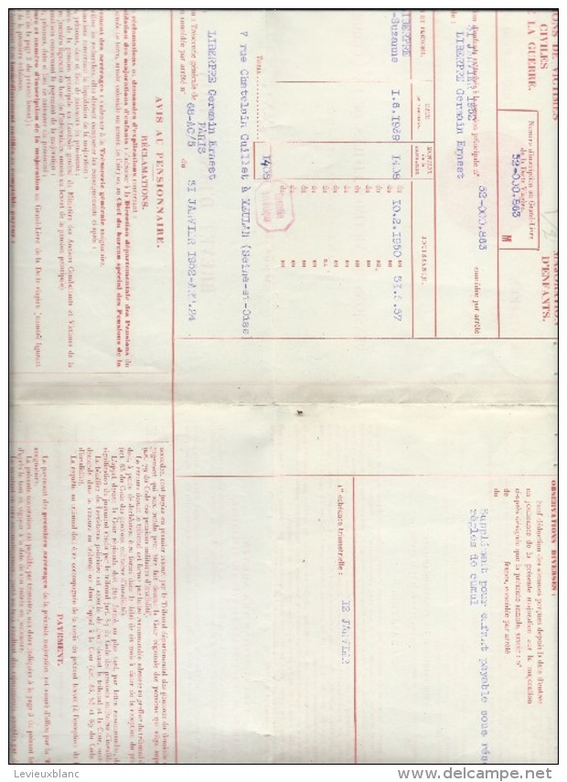 Ministére Des Finances/ Pensions De Victimes Civiles De La Guerre/Invalide/Brevet D´inscription/1954   BA40 - Dokumente