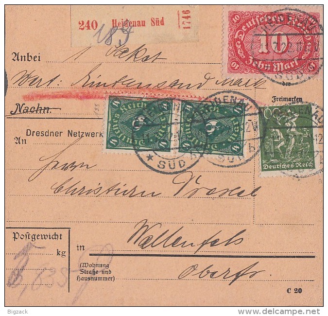 DR Paketkarte Mif Minr.187a,191,3x 193,195 Heidenau 11.7.22 Geprüft - Briefe U. Dokumente