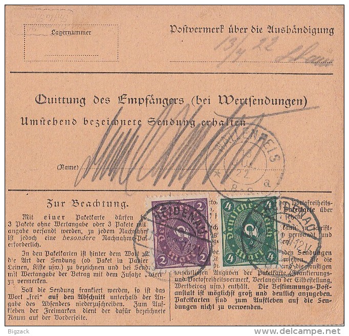 DR Paketkarte Mif Minr.187a,191,3x 193,195 Heidenau 11.7.22 Geprüft - Briefe U. Dokumente