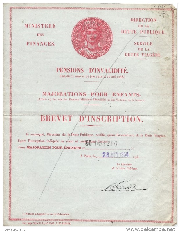 Ministére Des Finances/ Pensions D´Invalidité/Majorations Pour  Enfants/Brevet D´inscription/1950   BA41 - Documents