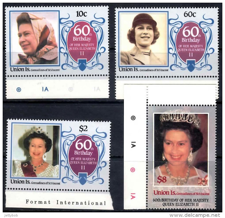 QUEEN ELIZABETH II 1986 60th Birthday 4 Stamps Each For Grenadines Of St Vincent Union Island And Bequia Mint - Familias Reales