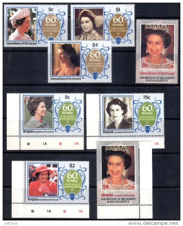 QUEEN ELIZABETH II 1986 60th Birthday 4 Stamps Each For Grenadines Of St Vincent Union Island And Bequia Mint - Familias Reales