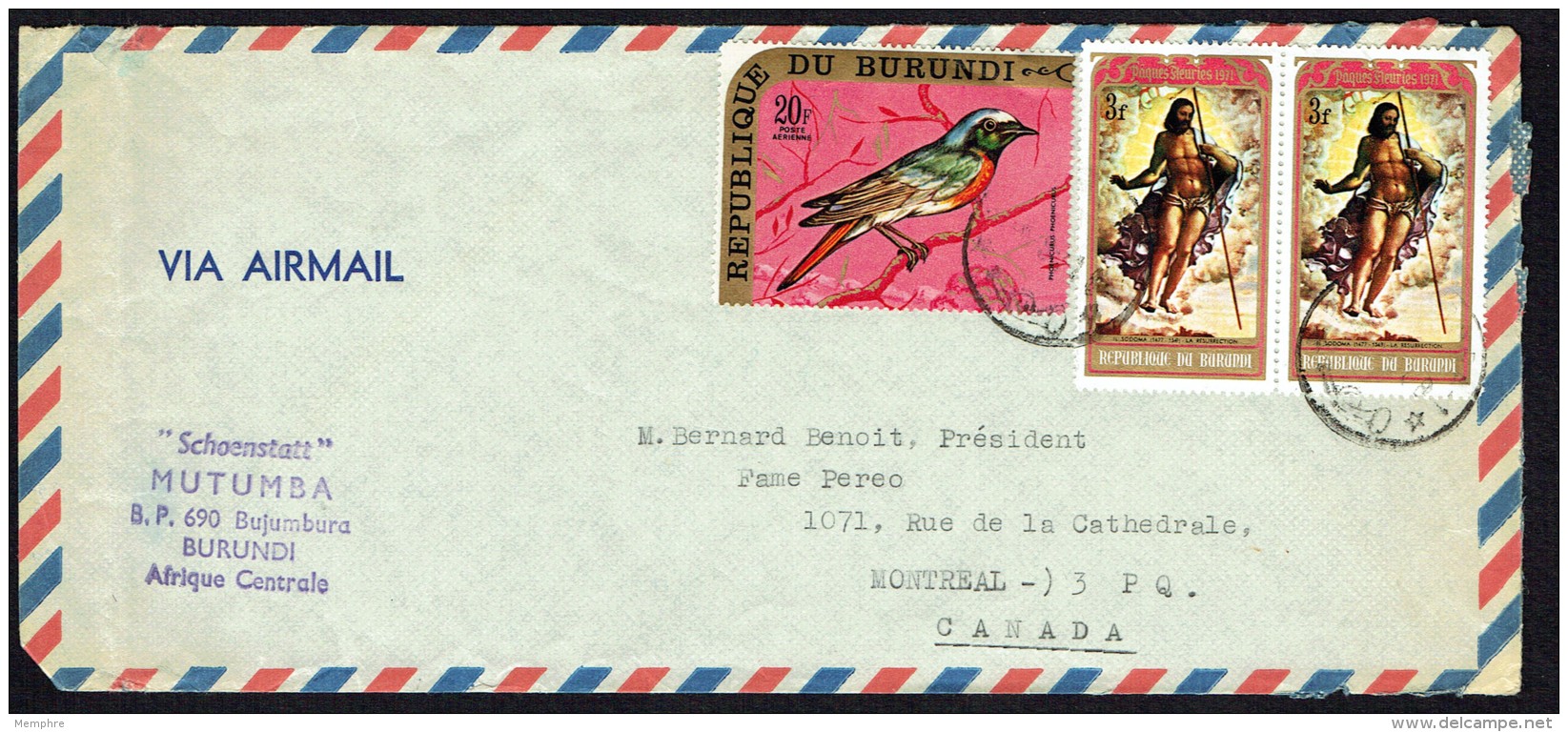 1971  Lettre Avion Pour Le Canada  Poste Aérienne Oiseau 20 Fr; Pâques 1971 3 Fr X2 - Gebruikt