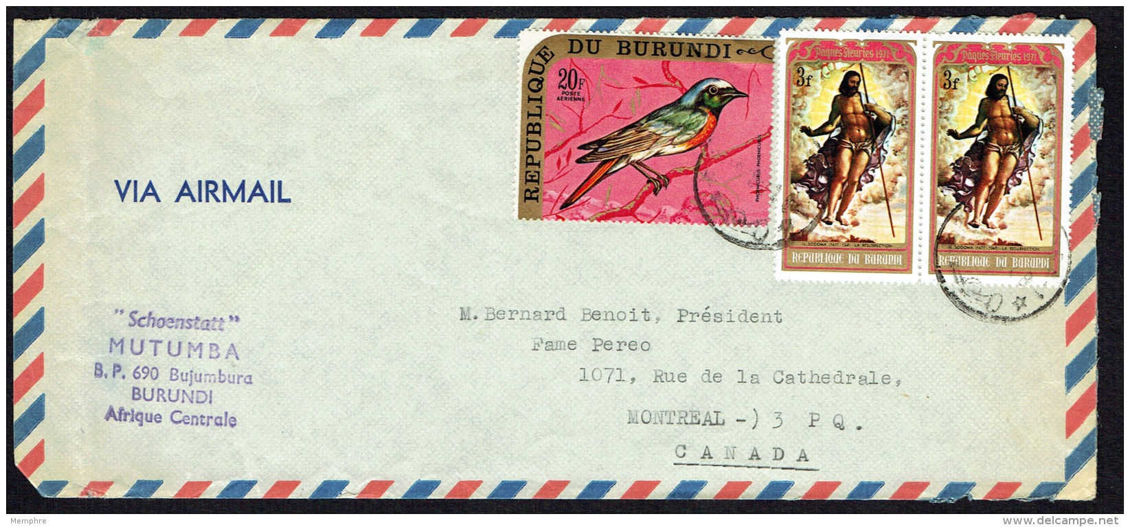 1971  Lettre Avion Pour Le Canada  Poste Aérienne Oiseau 20 Fr; Pâques 1971 3 Fr X2 - Oblitérés