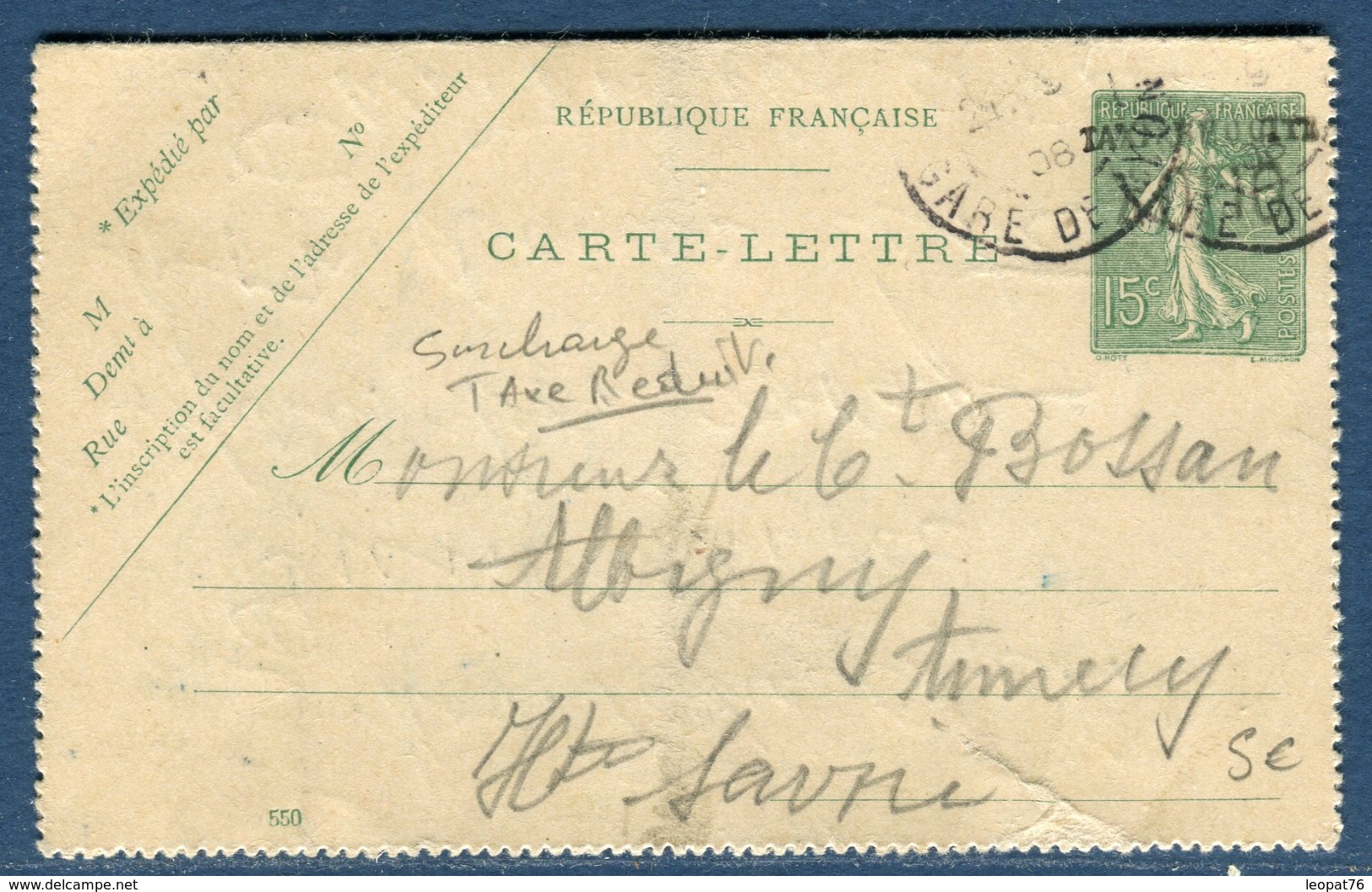 France - Entier Postal Surchargé Type Semeuse Lignée Pour Annecy En 1908  Réf S 205 - Cartoline-lettere