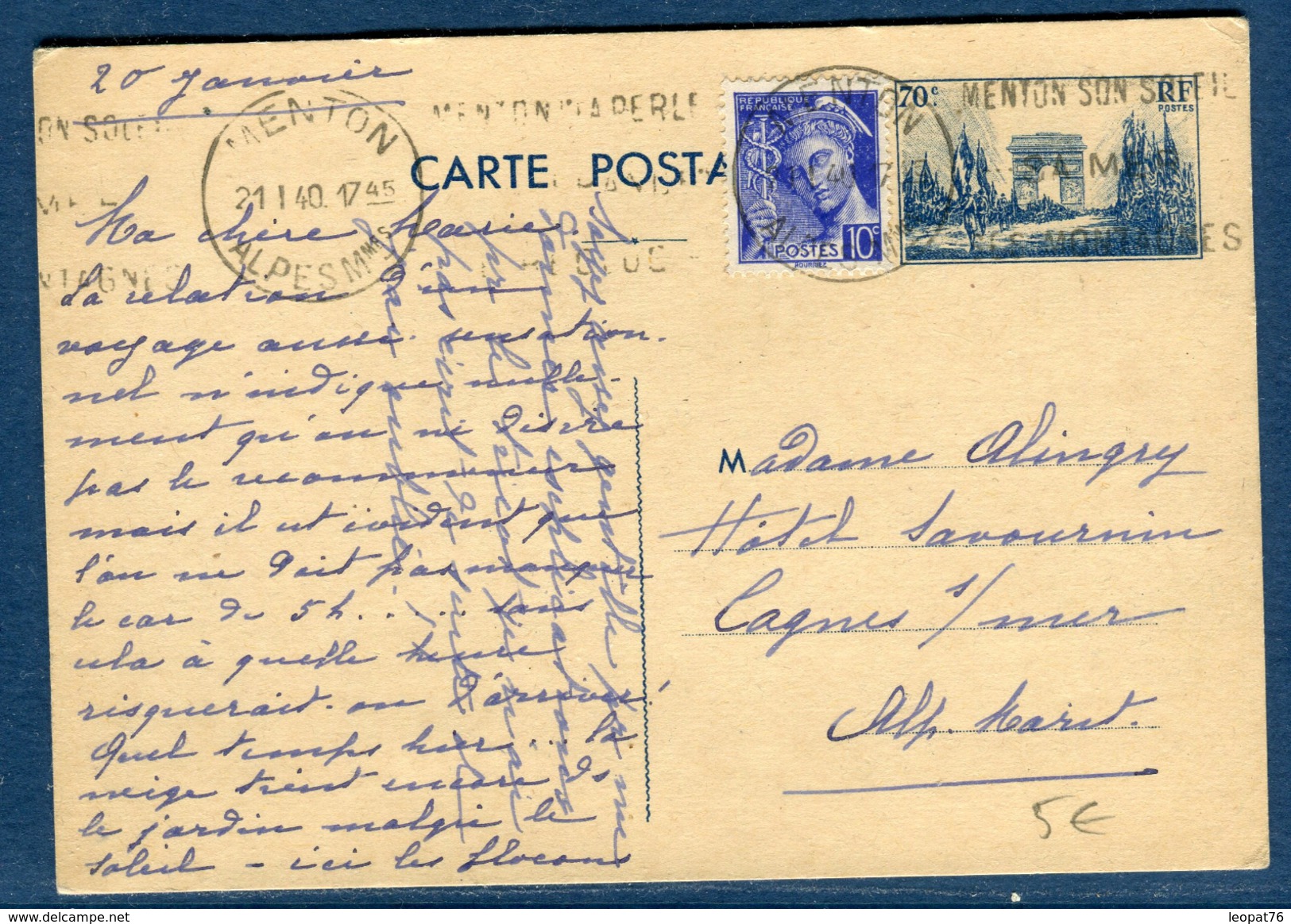 France - Entier Postal ( Arc De Triomphe 70c ) De Menton Pour Cagnes Sur Mer En 1940   Réf S 217 - Cartoline Postali E Su Commissione Privata TSC (ante 1995)