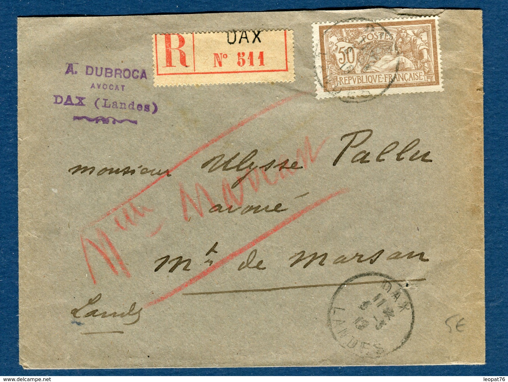 France - Enveloppe En Recommandée De Dax Pour Mont De Marsan En 1919  Type Merson Réf S 233 - 1877-1920: Période Semi Moderne