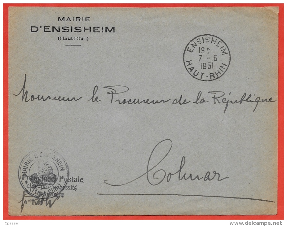 Lettre à En-tête Enveloppe De La Mairie D'ENSISHEIM 68 Haut-Rhin Postée En 1951 - Franchise Civile - Lettere In Franchigia Civile