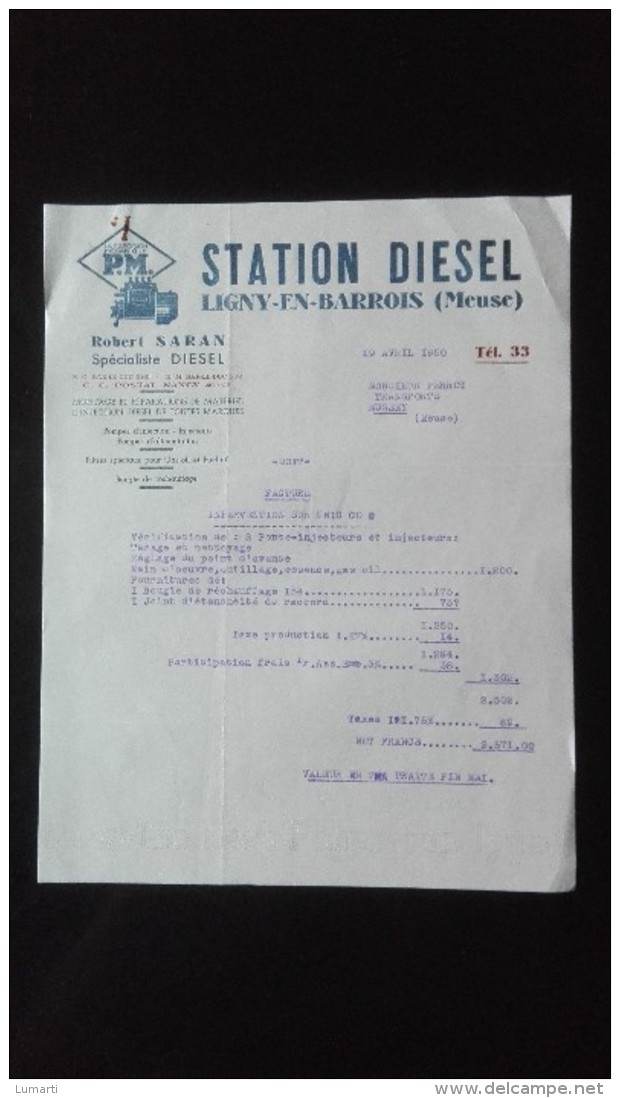 Facture . Lettre.- Ligny En Barrois (Meuse) - Robert Saran Specialiste Diesel - 1950 - 1900 – 1949