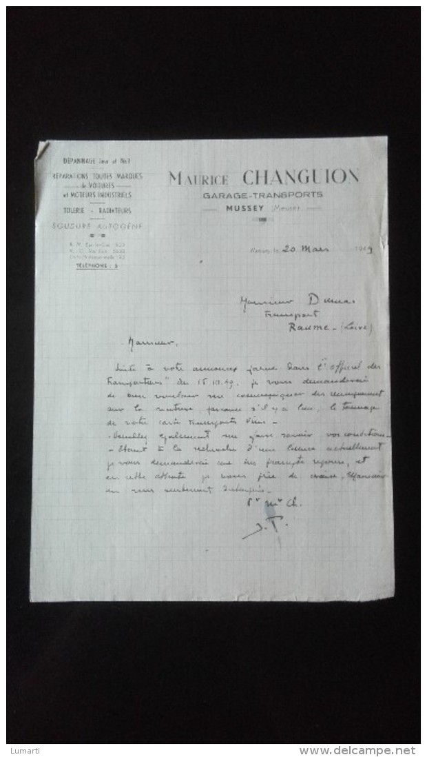 Facture . Lettre.- Mussey  (Meuse ) - Garage Transports - Maurice Changuion - 1949 - 1900 – 1949