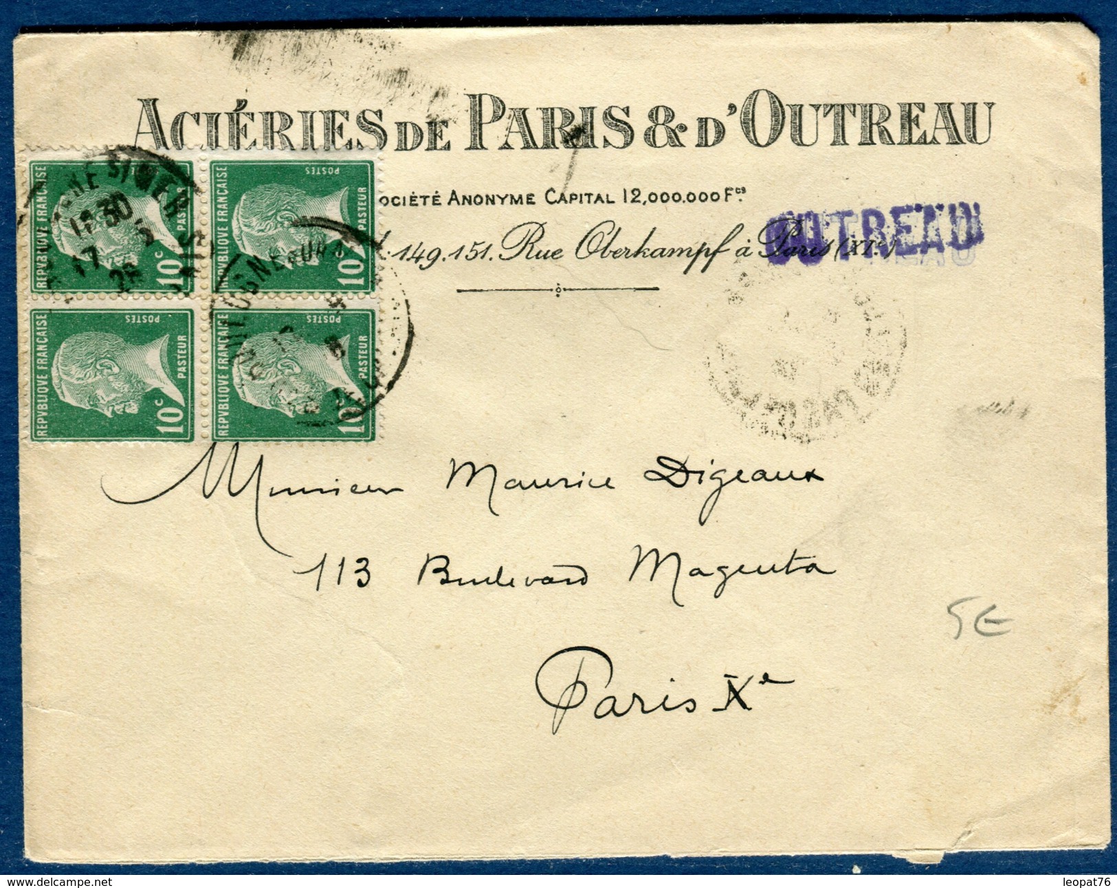 France - Enveloppe Commerciale De Outreau Pour Paris En 1928  Type Pasteur En Bloc De 4  Réf S 257 - 1921-1960: Période Moderne