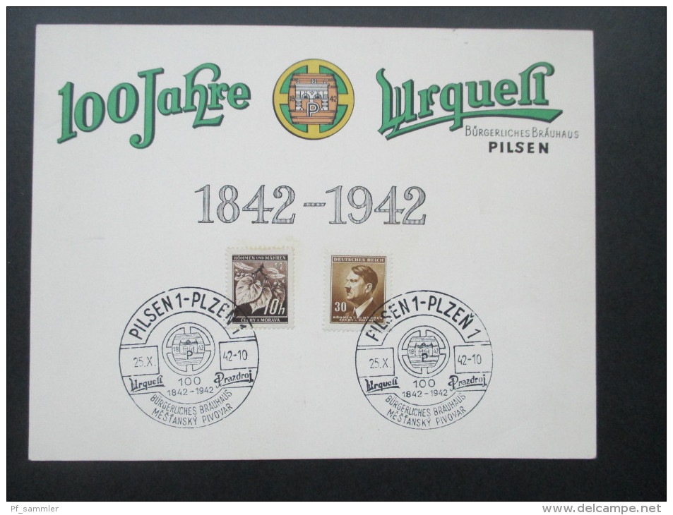 Böhmen Und Mähren 1942 Sonderblatt 100 Jahre Urquell. Sonderstempel Pilsen Bürgerliches Bräuhaus. Pilsener Urquell. Bier - Briefe U. Dokumente