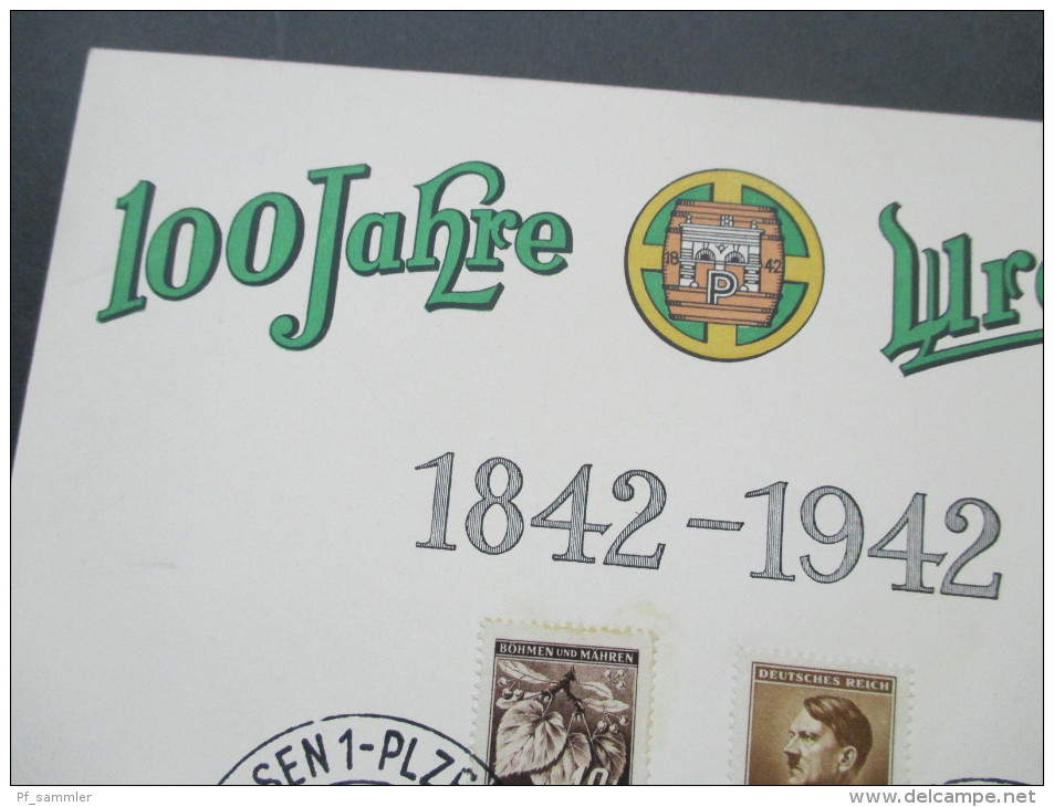 Böhmen Und Mähren 1942 Sonderblatt 100 Jahre Urquell. Sonderstempel Pilsen Bürgerliches Bräuhaus. Pilsener Urquell. Bier - Briefe U. Dokumente