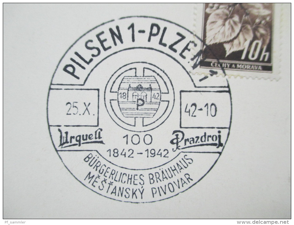 Böhmen Und Mähren 1942 Sonderblatt 100 Jahre Urquell. Sonderstempel Pilsen Bürgerliches Bräuhaus. Pilsener Urquell. Bier - Briefe U. Dokumente