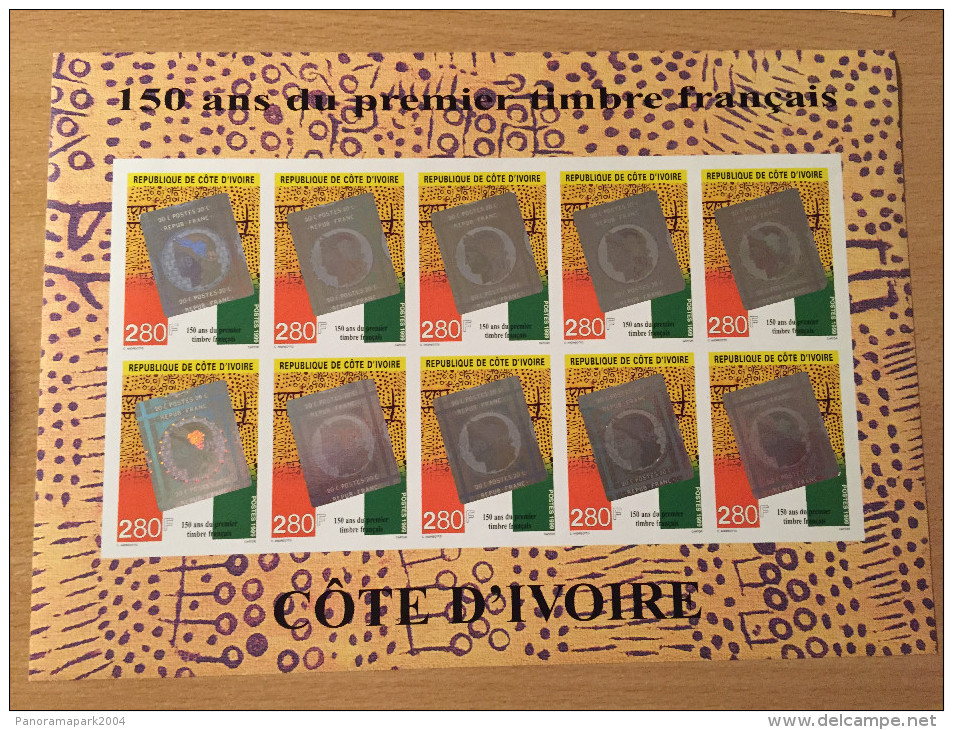 Côte D´Ivoire Ivory Coast 1999 IMPERF NON DENTELE 150 Ans Premier Timbre Français Mi. 1218 Kleinbogen 10 Stamps MNH** - Côte D'Ivoire (1960-...)
