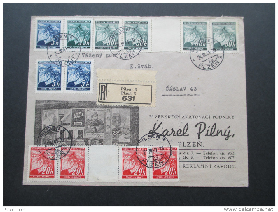 Böhmen Und Mähren 1941 Marken Mit Zwischensteg. R-Brief Pilsen 3. 631. Firmenbrief Karel Pilny. Ceres / Sidol / Sirax - Storia Postale
