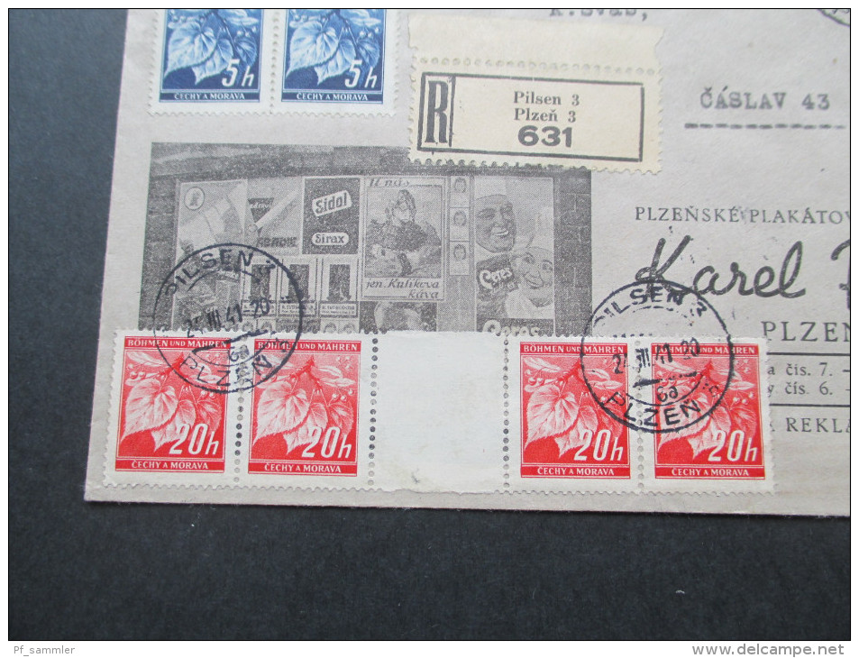 Böhmen Und Mähren 1941 Marken Mit Zwischensteg. R-Brief Pilsen 3. 631. Firmenbrief Karel Pilny. Ceres / Sidol / Sirax - Brieven En Documenten
