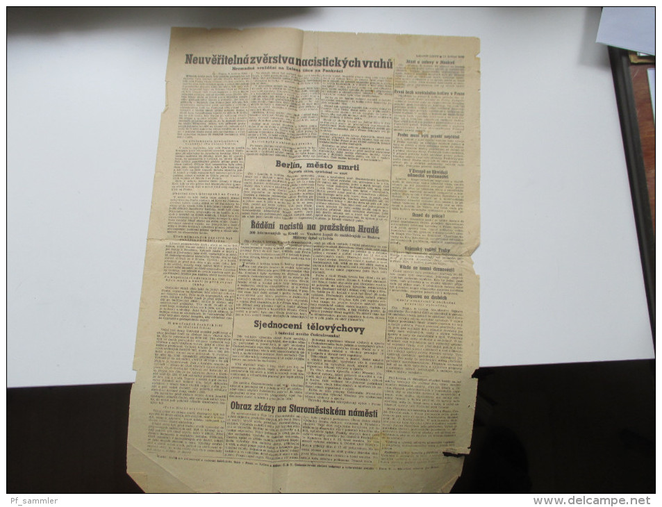 Böhmen und Mähren 10.5.1945 Kriegsende! komplette Zeitung!! Stalin. Zeitungsmarken Nr. 117 und 2x 120 als Paar! RRR