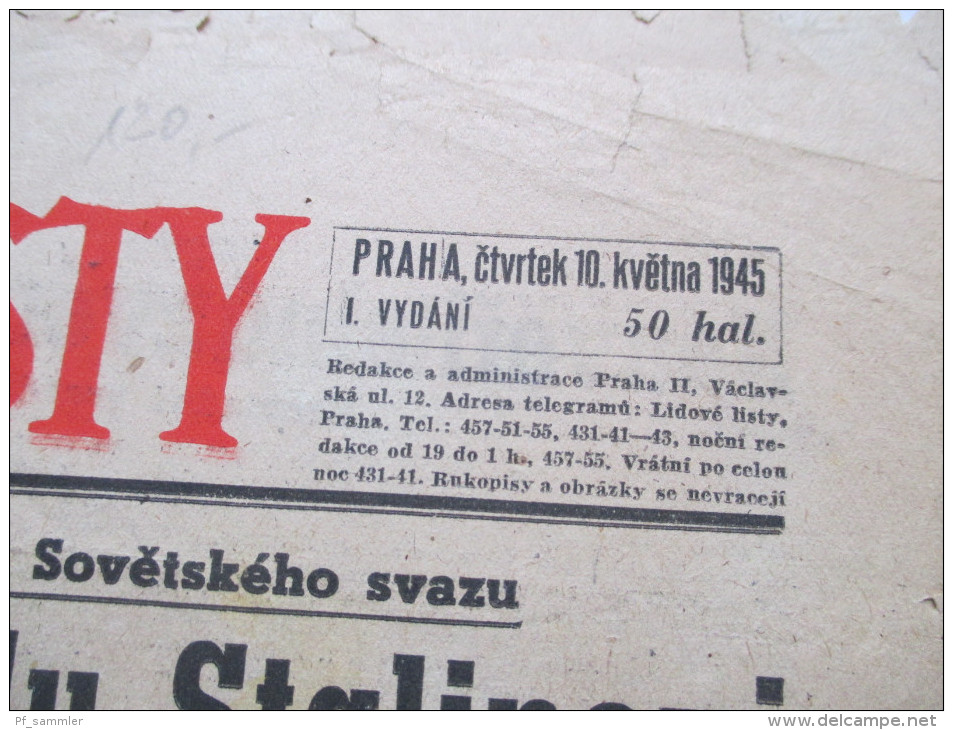 Böhmen und Mähren 10.5.1945 Kriegsende! komplette Zeitung!! Stalin. Zeitungsmarken Nr. 117 und 2x 120 als Paar! RRR