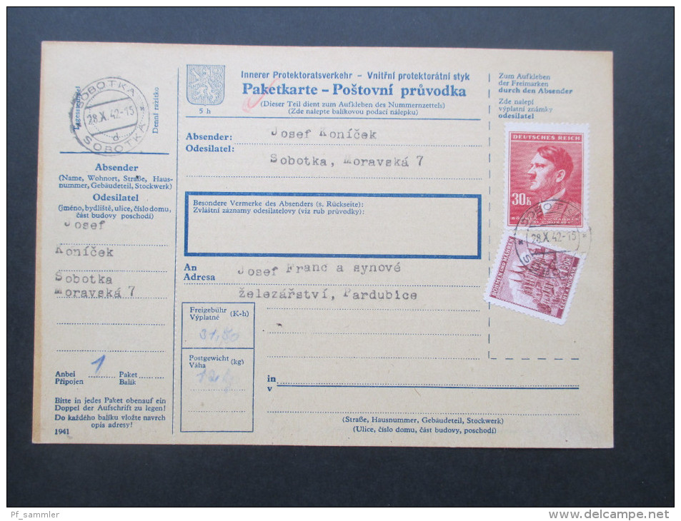 Böhmen Und Mähren 1942 Paketkarte Innerer Protektoratsverkehr Sobotka - Pardubice. Nr. 109 MiF. Toller Beleg / Selten! - Storia Postale