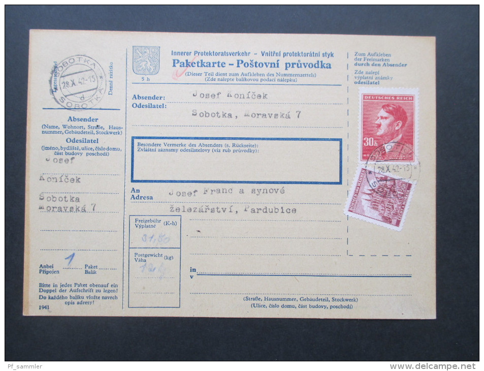 Böhmen Und Mähren 1942 Paketkarte Innerer Protektoratsverkehr Sobotka - Pardubice. Nr. 109 MiF. Toller Beleg / Selten! - Lettres & Documents