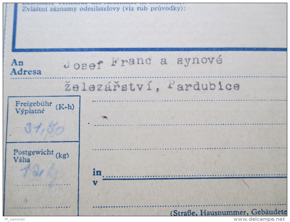 Böhmen Und Mähren 1942 Paketkarte Innerer Protektoratsverkehr Sobotka - Pardubice. Nr. 109 MiF. Toller Beleg / Selten! - Cartas & Documentos