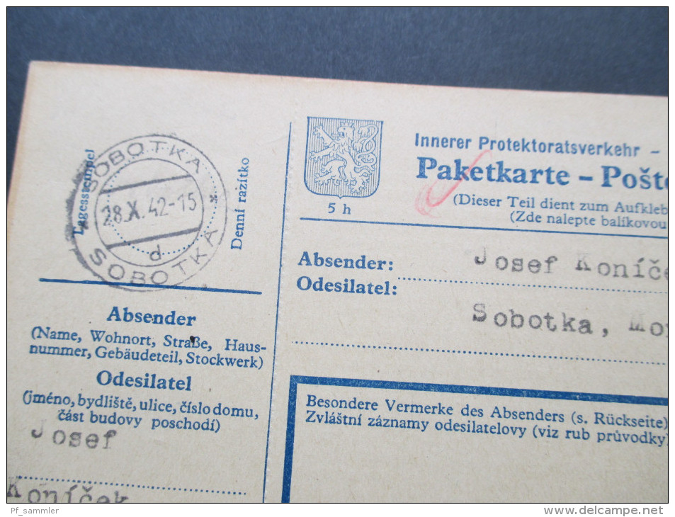 Böhmen Und Mähren 1942 Paketkarte Innerer Protektoratsverkehr Sobotka - Pardubice. Nr. 109 MiF. Toller Beleg / Selten! - Storia Postale