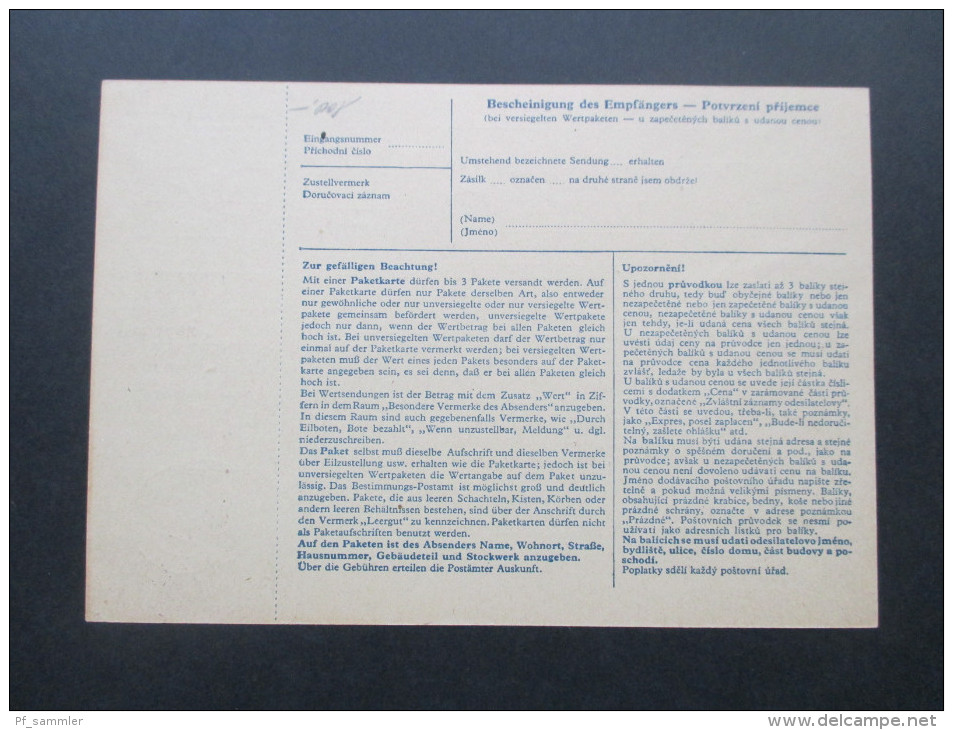Böhmen Und Mähren 1942 Paketkarte Innerer Protektoratsverkehr Sobotka - Pardubice. Nr. 109 MiF. Toller Beleg / Selten! - Brieven En Documenten