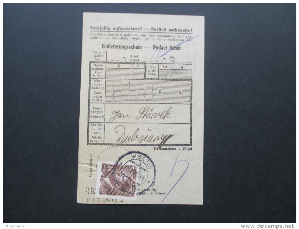 Böhmen Und Mähren 1943 Frankierter Einlieferungsschein Nr. 95 EF Toller Beleg / Selten! Wsetin - Storia Postale