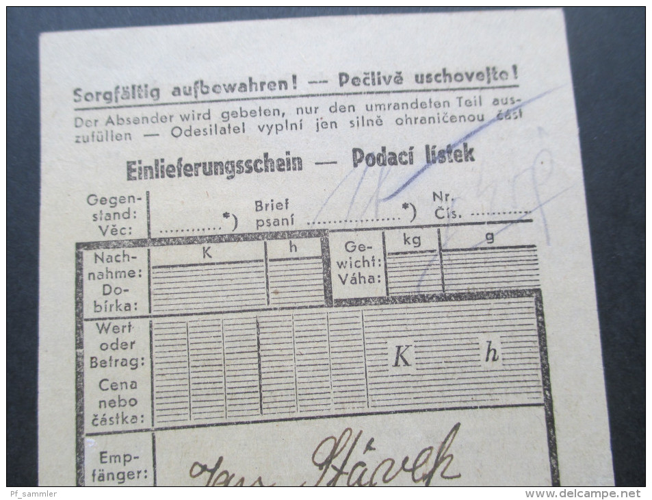 Böhmen Und Mähren 1943 Frankierter Einlieferungsschein Nr. 95 EF Toller Beleg / Selten! Wsetin - Storia Postale