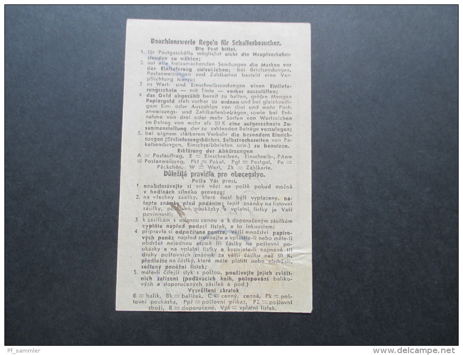 Böhmen Und Mähren 1943 Frankierter Einlieferungsschein Nr. 95 EF Toller Beleg / Selten! Wsetin - Storia Postale
