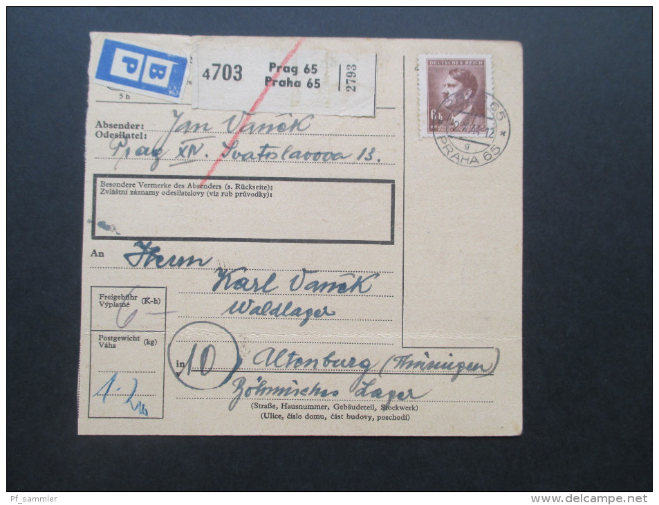 Böhmen Und Mähren 1944 Paketkarte Prag Nach Altenburg (Thüringen) Waldlager / Böhmisches Lager KZ Buchenwald?! BP. RRR - Covers & Documents