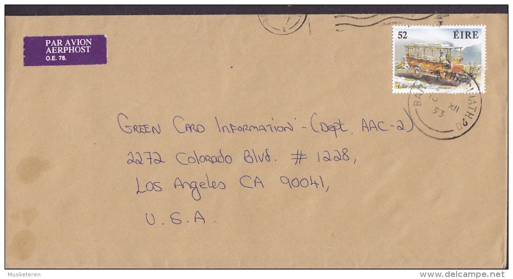 Ireland PAR AVION AERPHOST Label BAILE ATHA CLIATH 1993 Cover Lettre LOS ANGELES USA Char-a-banc Old Bus Stamp - Airmail