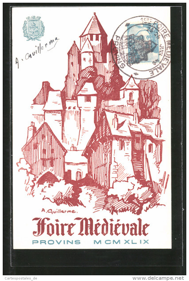 CPA Illustrateur Foire Médiévale Provins M CM XL IX, Burg - Timbres (représentations)