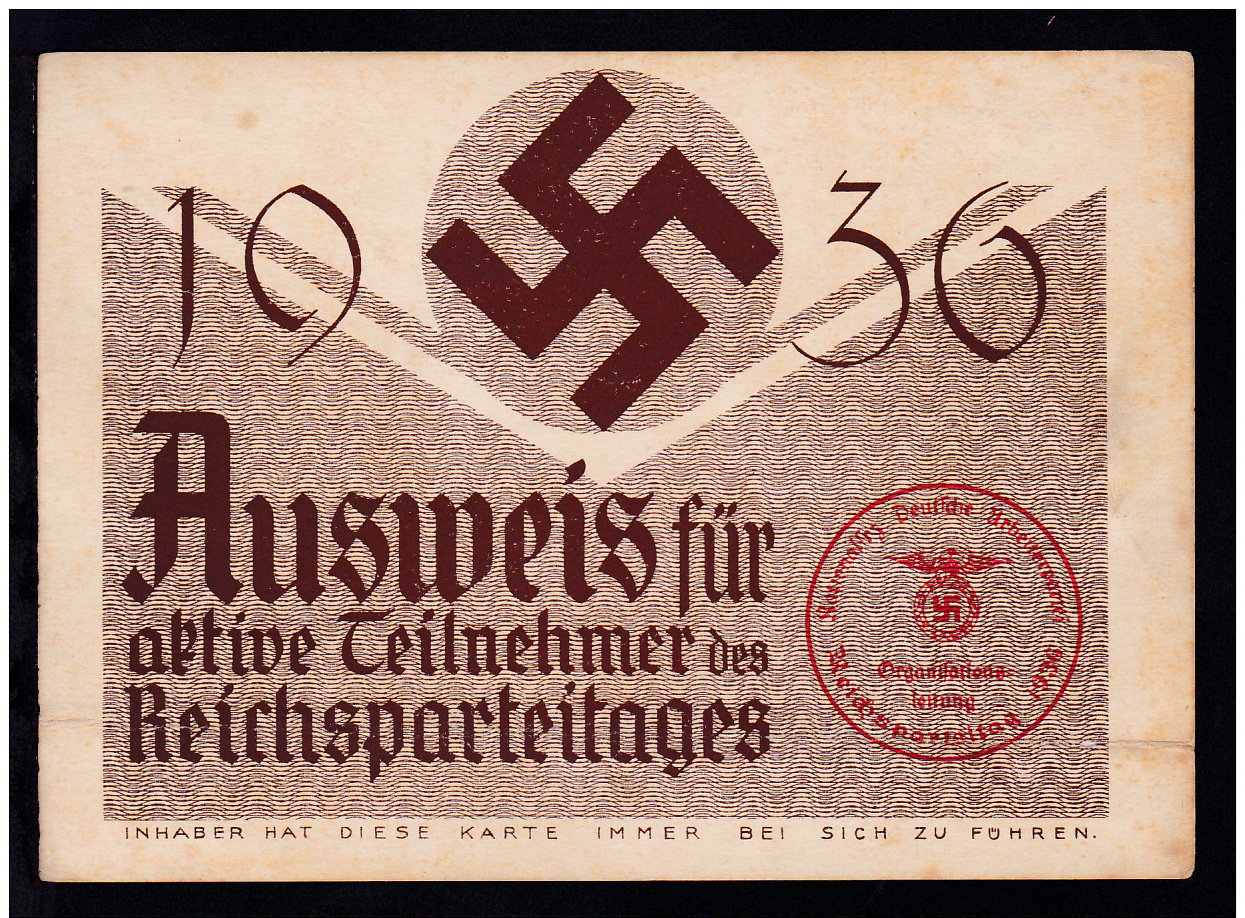 1936 Ausweis Für Aktive Teilnehmer Des Reichsparteitages, - Documents Historiques