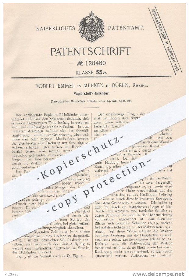Original Patent - Robert Emmel In Merken Bei Düren , 1901 , Papierstoff - Holländer , Papier , Stoff , Walze , Walzen - Historische Dokumente