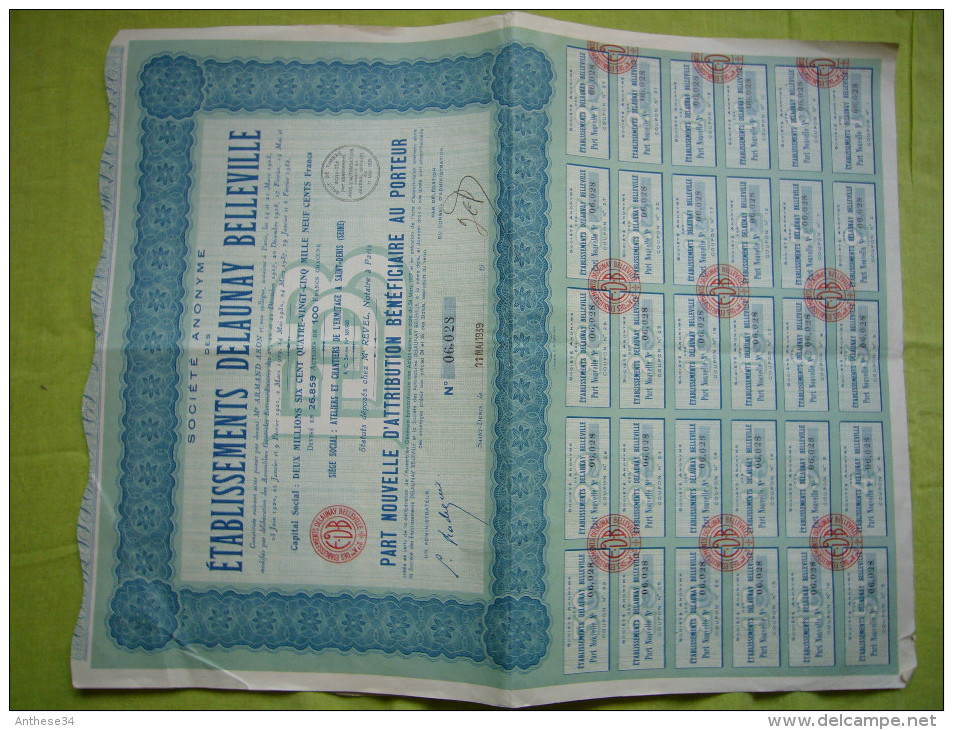 Lot De 2 Actions S.A établissements Delaunay Belleville Saint Denis 1939 - Autres & Non Classés