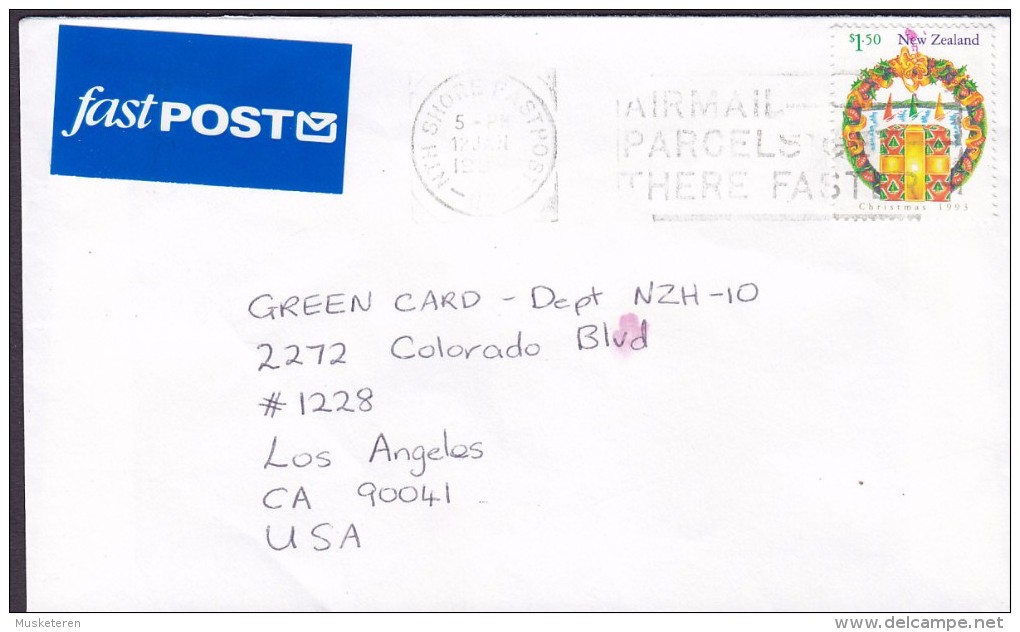 New Zealand FASTPOST Label NTH SHORE Fastpost 199? Cover Brief LOS ANGELES USA $1.50 Christmas Stamp - Corréo Aéreo