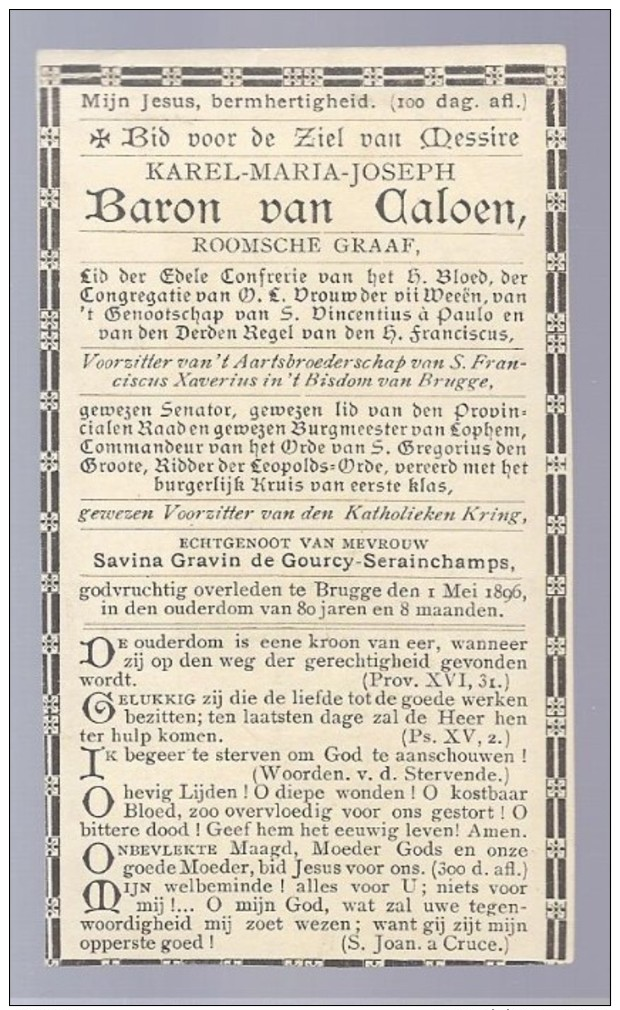 DP ADEL NOBLESSE BARON VAN CALOEN ROOMSCHE GRAAF BURGEMEESTER LOPPEM CONFRERIE H. BLOED DE GOURCY SERAINCHAMPS ° 1816 + - Images Religieuses