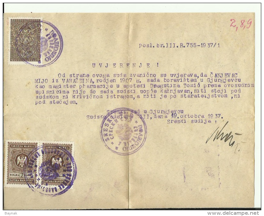 CROATIA  --  GJURGJEVAC, DJURDJEVAC  --  LOT HISTOR. DOKUMENTEN  --  APHOTEK, LJEKARNIK  --  WITH TAX STAMP - Documents Historiques