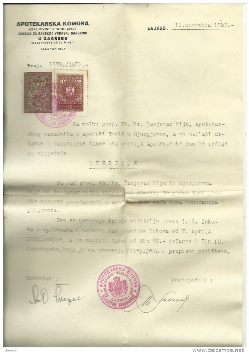 CROATIA  --  GJURGJEVAC, DJURDJEVAC  --  LOT HISTOR. DOKUMENTEN  --  APHOTEK, LJEKARNIK  --  WITH TAX STAMP