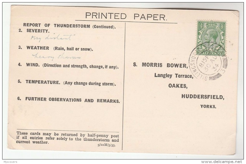 1934 BILLINGSHURST Cds Pmk COVER Postcard METEOROLOGY Report  WEATHER STATION Re THUNDERSTORM Gb Gv Stamps - Covers & Documents