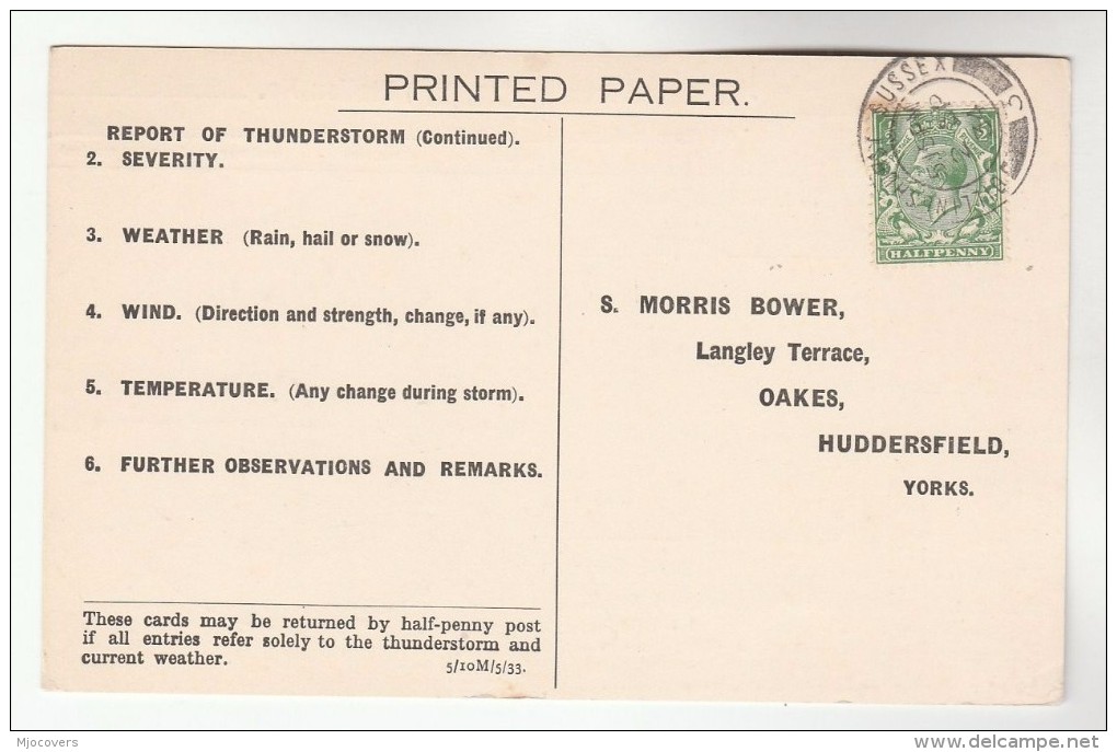 1934 BILLINGSHURST Cds Pmk COVER Postcard METEOROLOGY Report  WEATHER STATION Re THUNDERSTORM Gb Gv Stamps - Climate & Meteorology