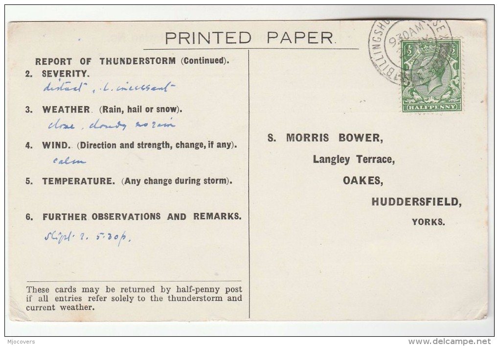 1932 BILLINGSHURST Cds Pmk COVER Postcard METEOROLOGY Report  WEATHER STATION Re THUNDERSTORM Gb Gv Stamps - Climate & Meteorology